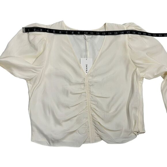 Frame NWT !! Off-White Sz Medium V-Neck Ruched Long-Sleeve Blouse - Picture 11 of 14